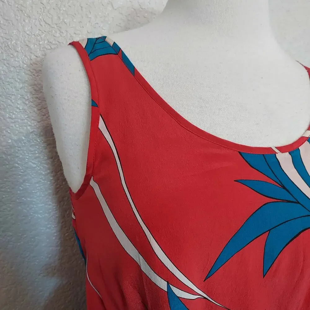 Sariah 100% Silk Red Palm Print Sleeveless Layered Dress Size 4
